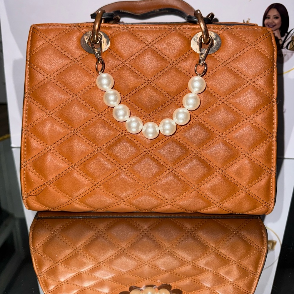Rainbow Tan Quilted Satchel with Pearl Detail